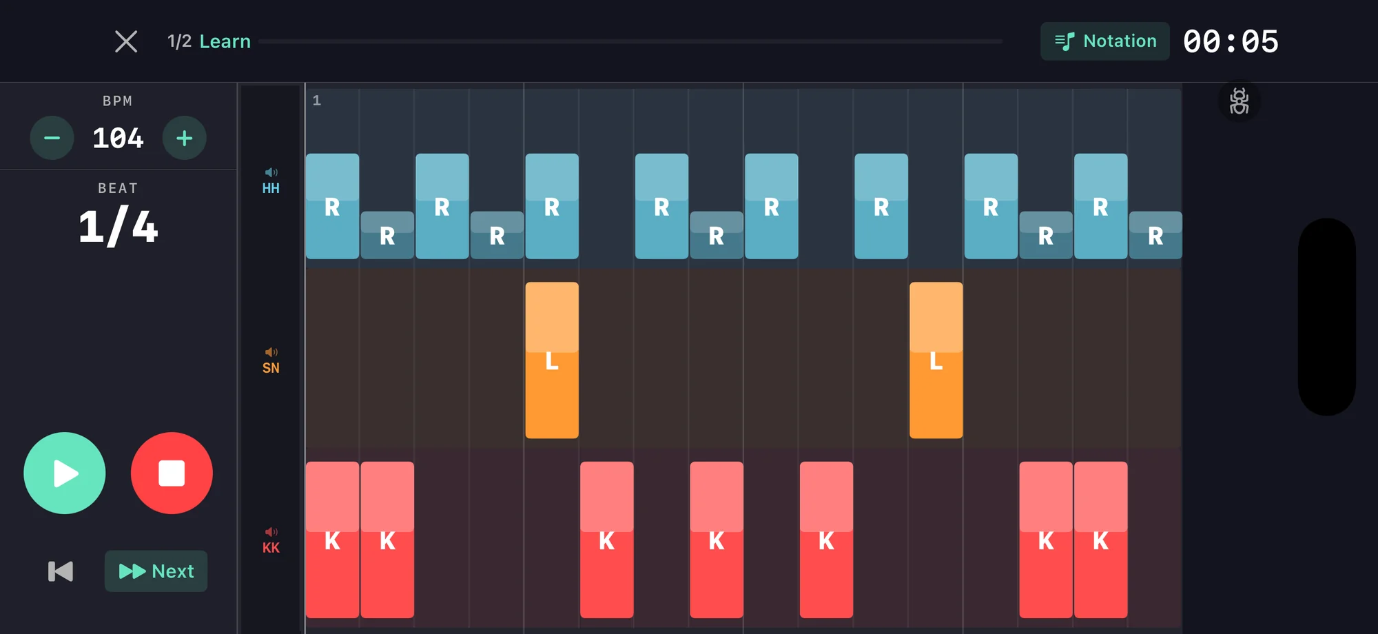 DrumShed grid view showing a groove with ghost notes and accents