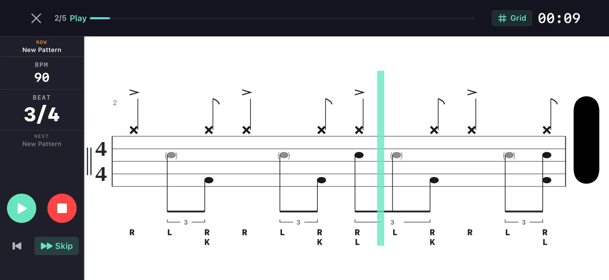 DrumShed notation view with playhead showing a drum pattern