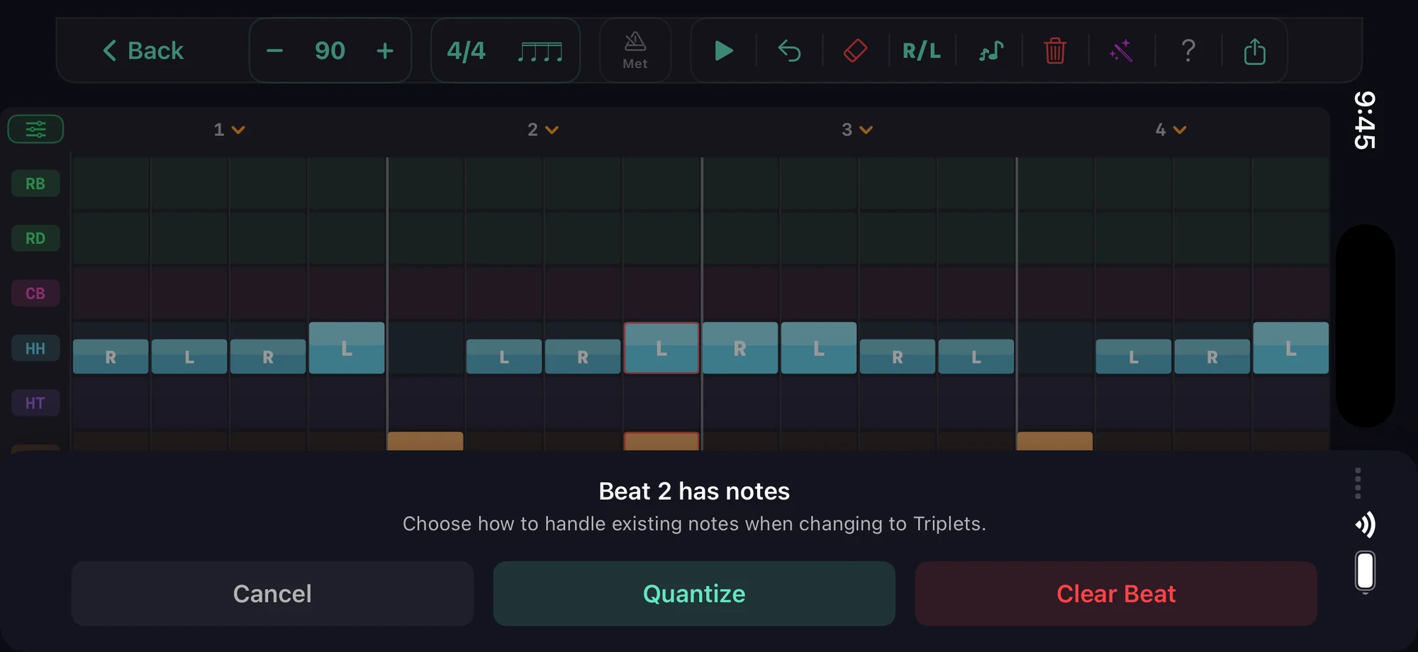 Pattern editor with per-beat quantize dialog