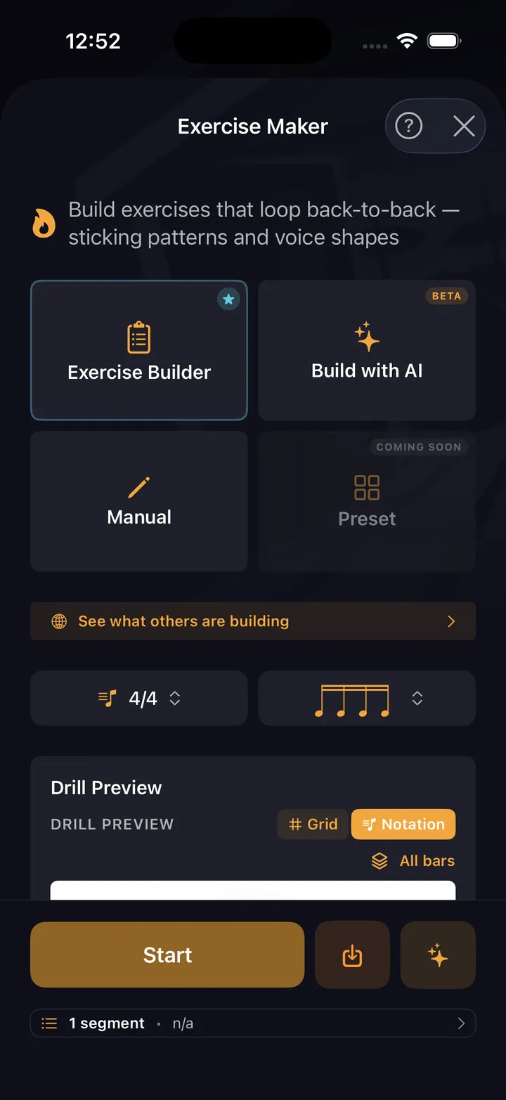 Exercise Maker — entry screen with the Exercise Builder and Build with AI tiles