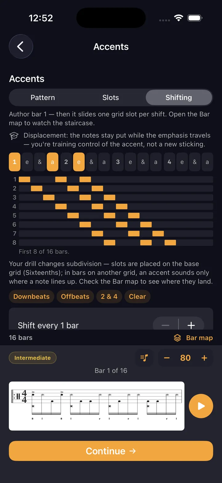 Shifting accents — the accent moves one slot per cycle, drawn as a staircase