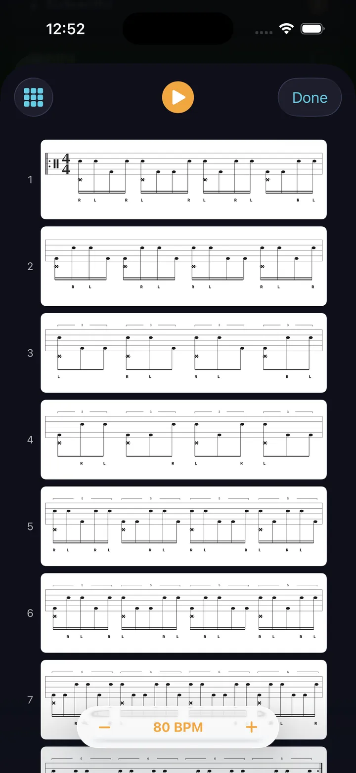Bar map — every bar of the generated exercise, stacked one row per bar
