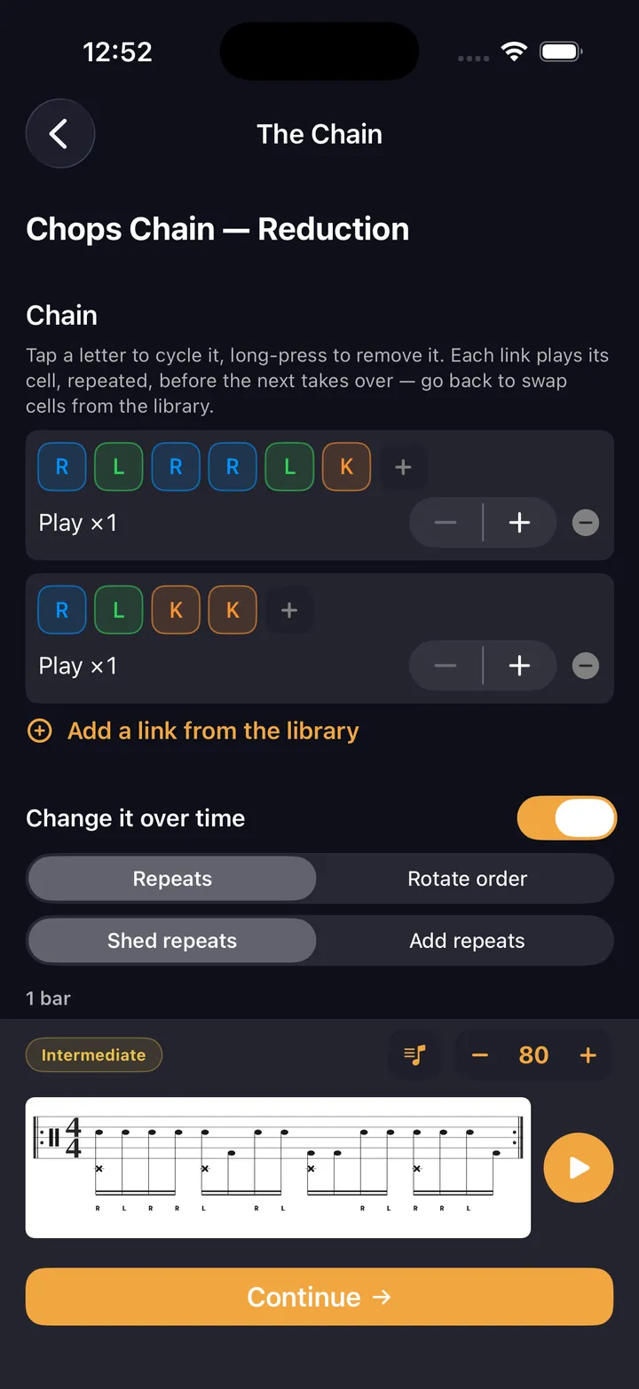 Sticking chain editor — link cells together with per-segment repeats