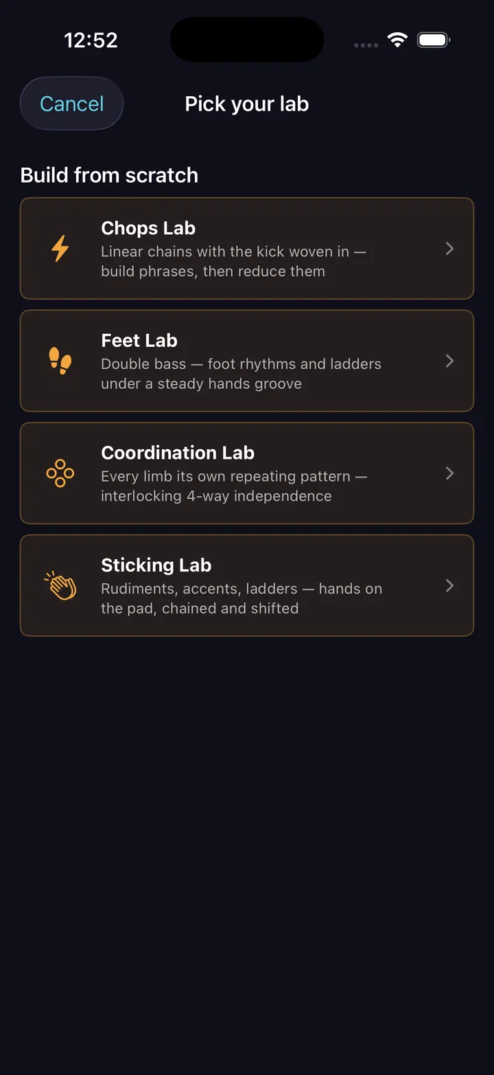 The four Labs — Sticking, Chops, Feet, and Coordination