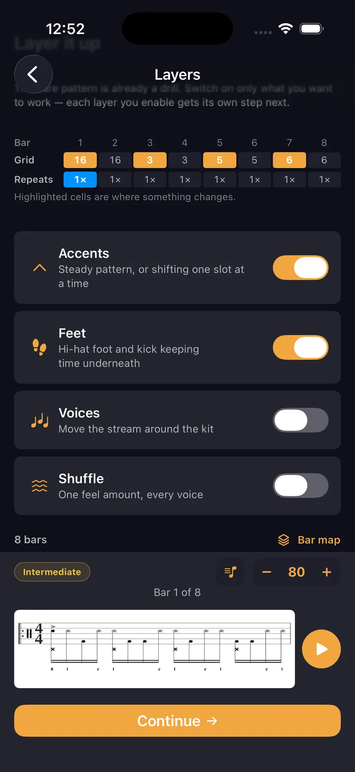 Add layers checklist — accents, feet, shuffle, and voicing