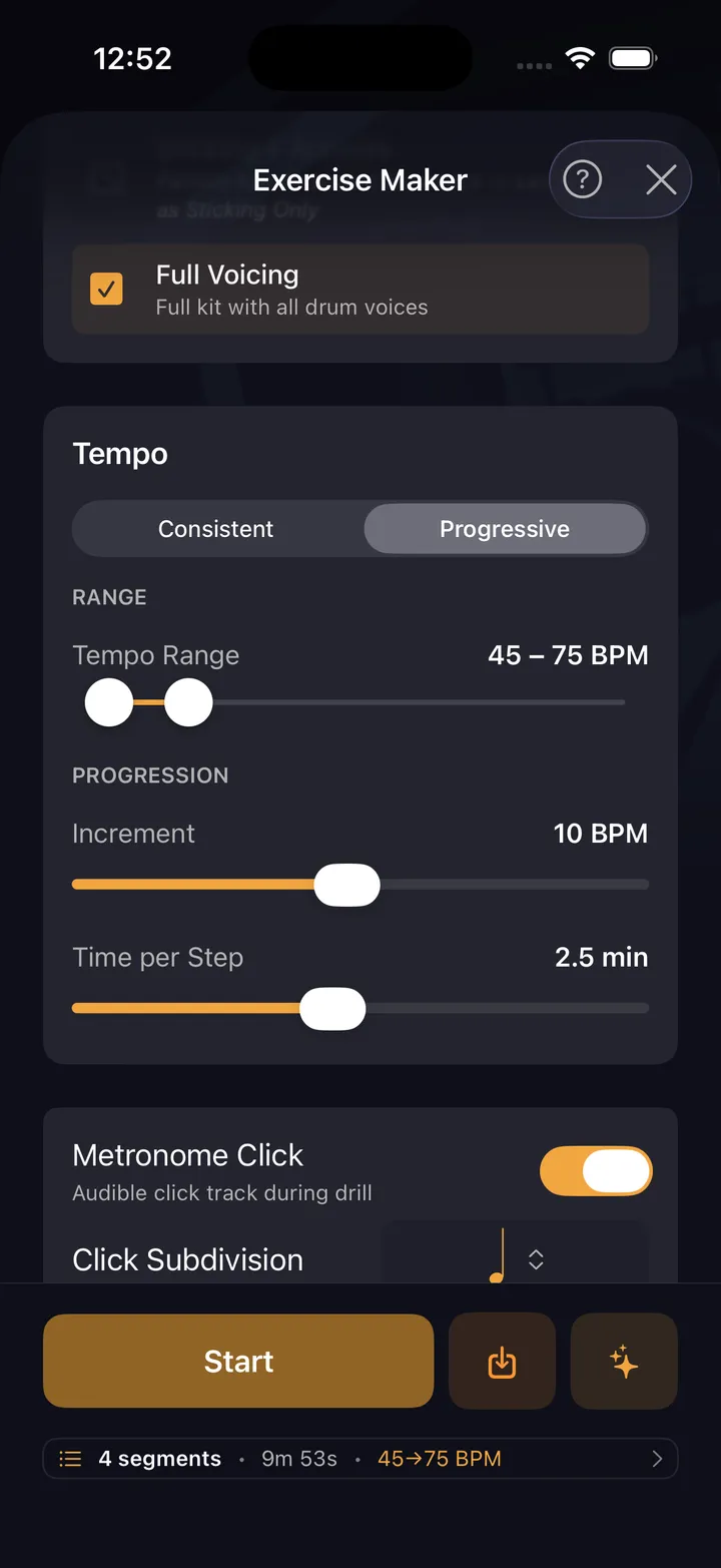 Tempo ladder — start tempo, target tempo, and the step between them