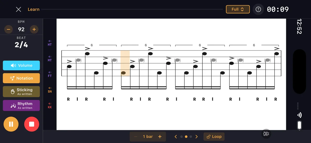 Exercise live playback — sticking under the staff, playhead tracking the bar