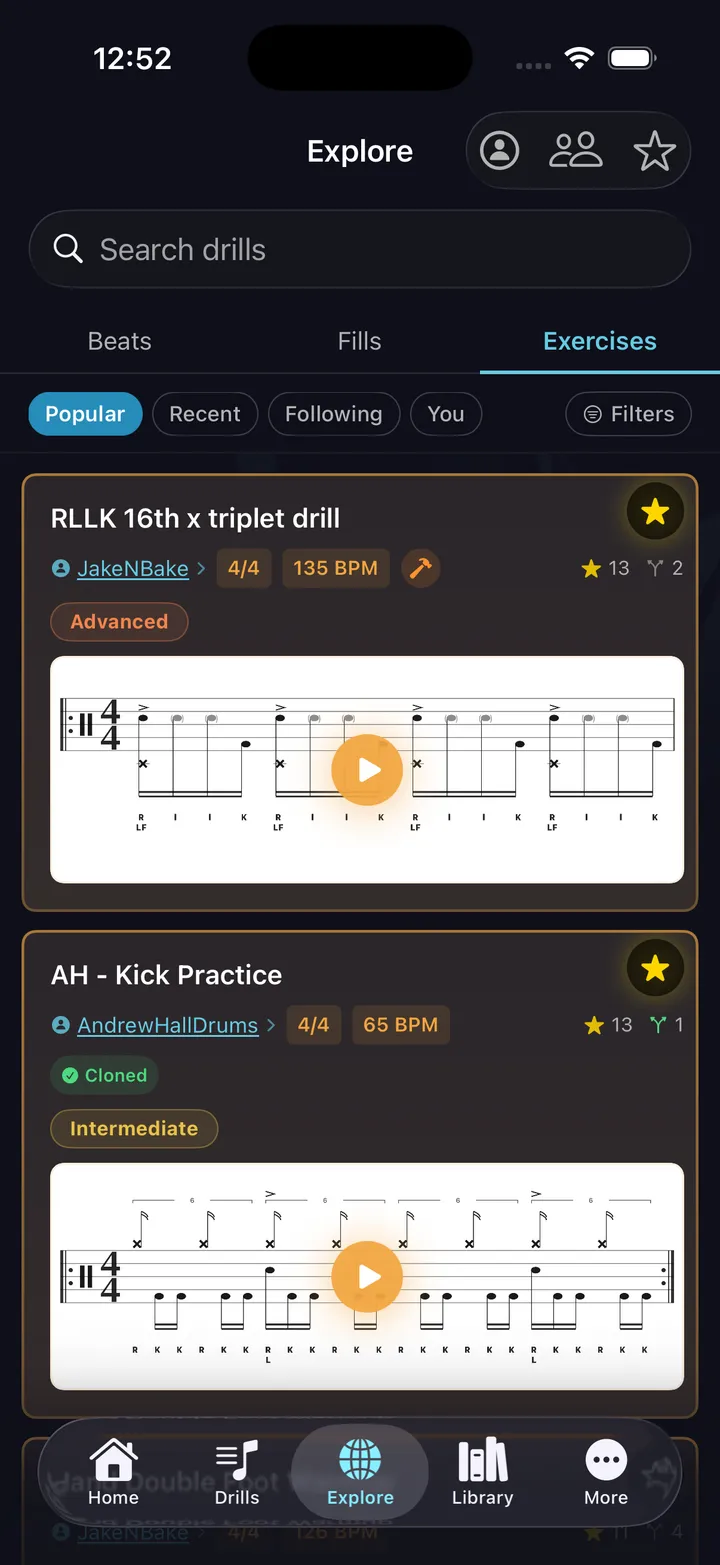 Explore exercises feed — the third shelf beside beats and fills