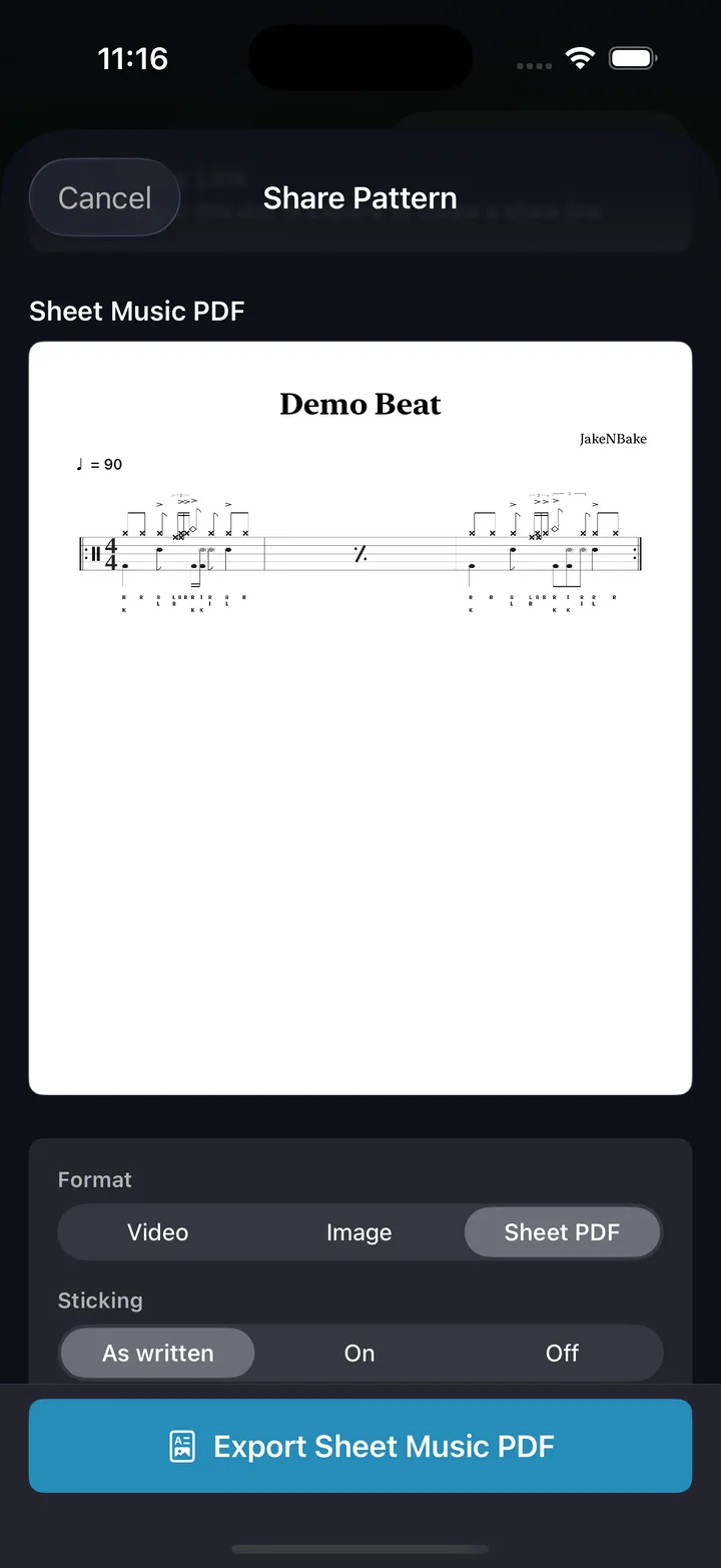 Sheet music PDF export — an engraved multi-bar exercise