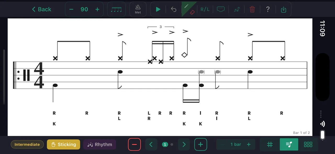 Pattern grid editor — notation view