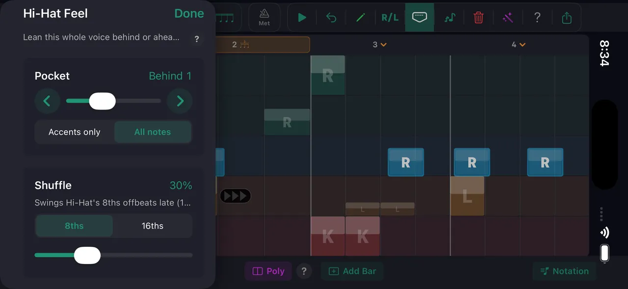 Pattern grid editor — pocket / shuffle entire voice