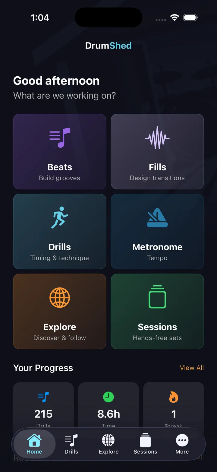DrumShed home screen