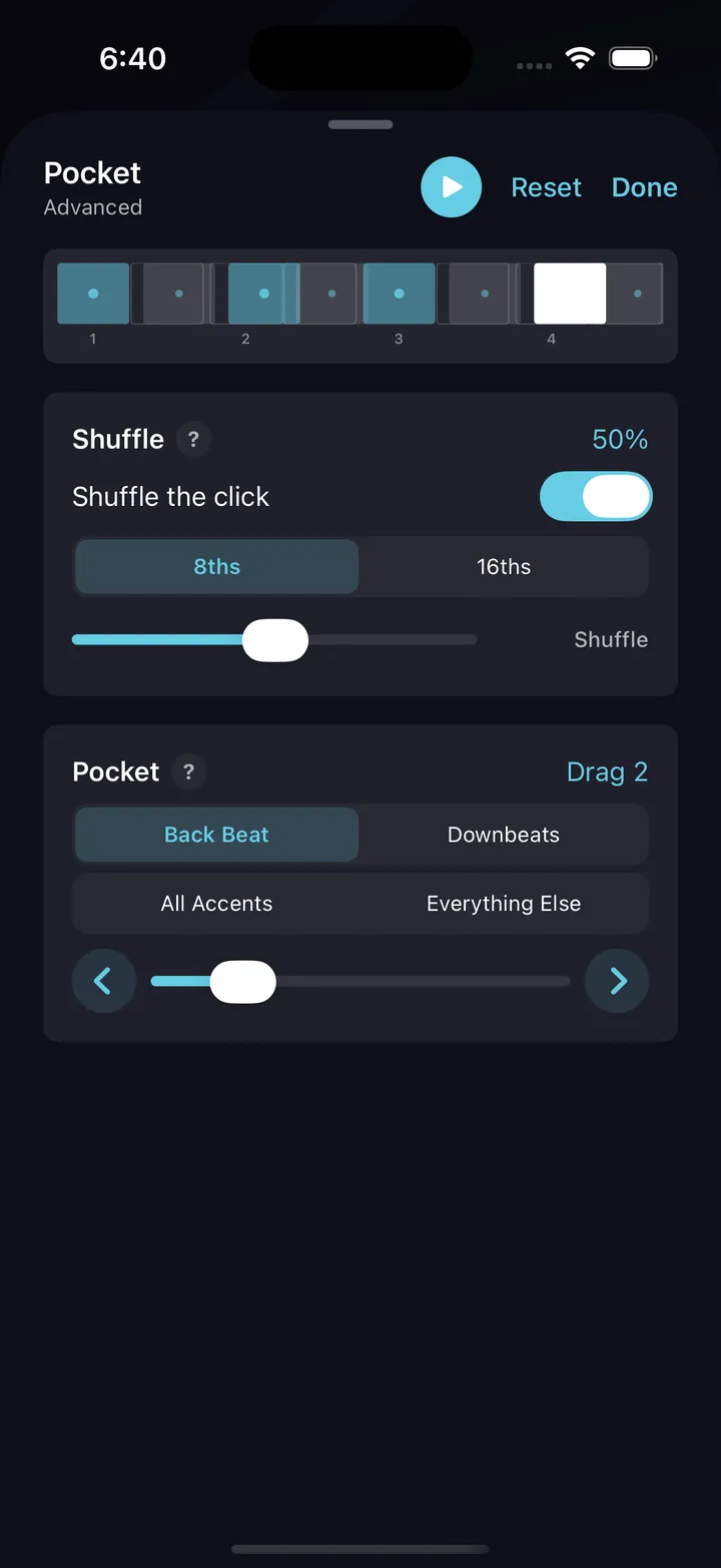 Main metronome — pocket & shuffle click slide-out controls