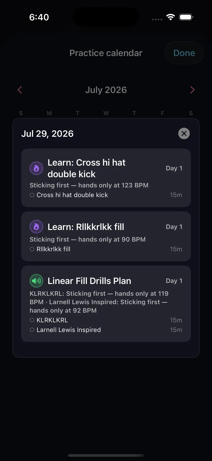 Practice calendar — every path day on a real date