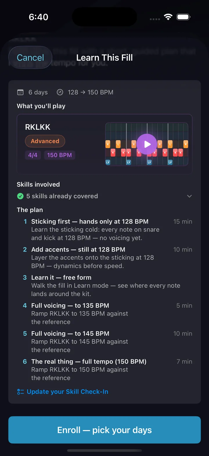 Learn This — the auto-built day-by-day plan for a beat or fill
