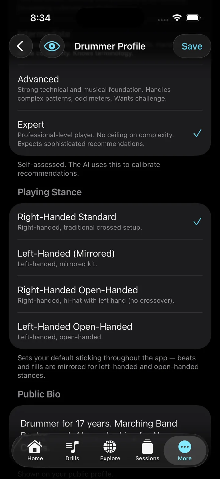 Profile — playing stance support