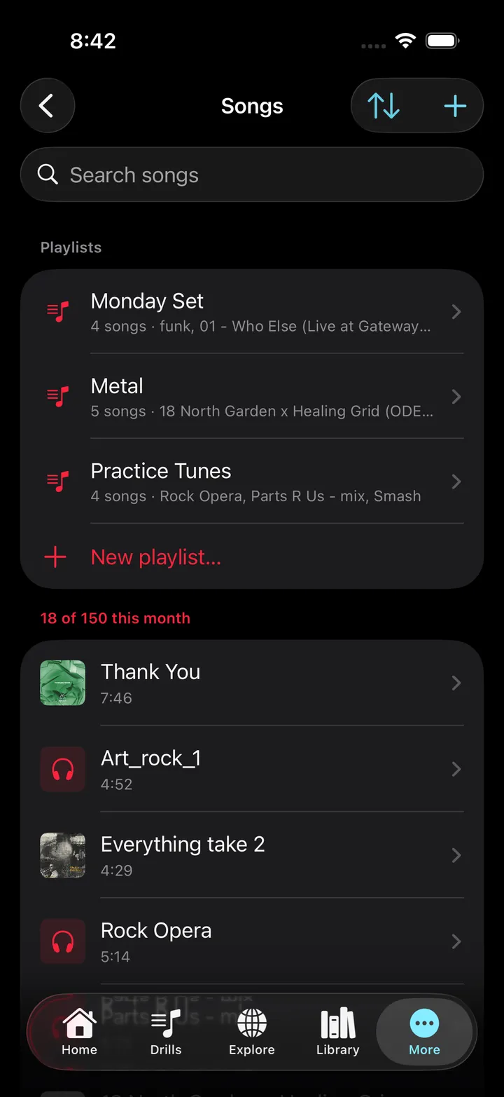 Songs — the library of uploaded songs with the monthly quota