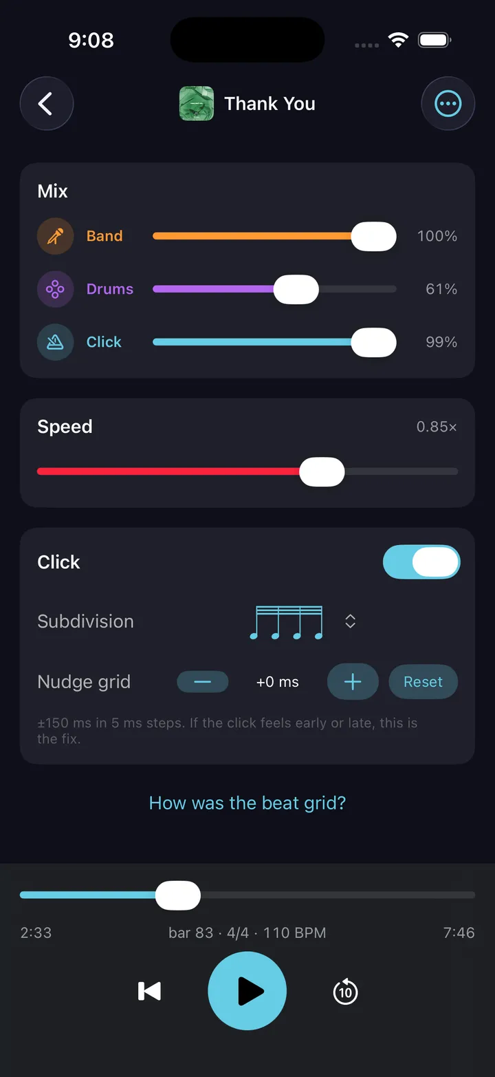 Song player — drums and band on separate faders with the speed control