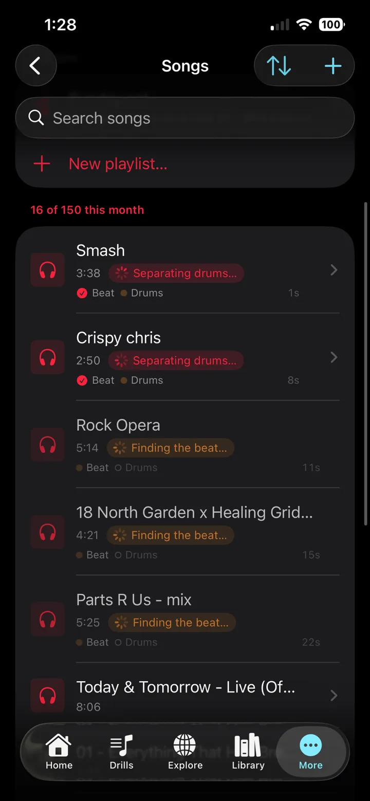 The songs list mid-upload — separating the drums and finding the beat