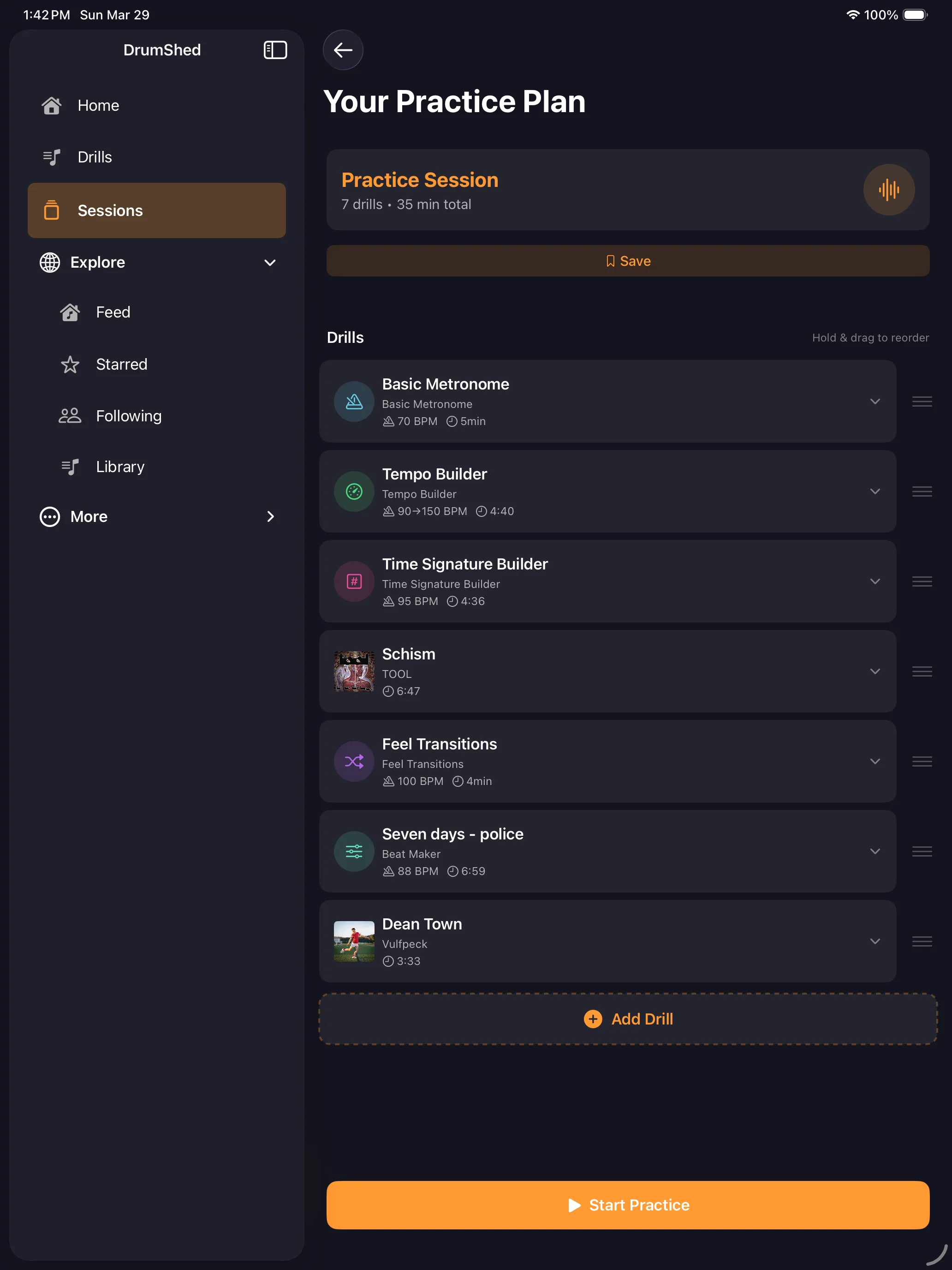 Practice session builder on iPad